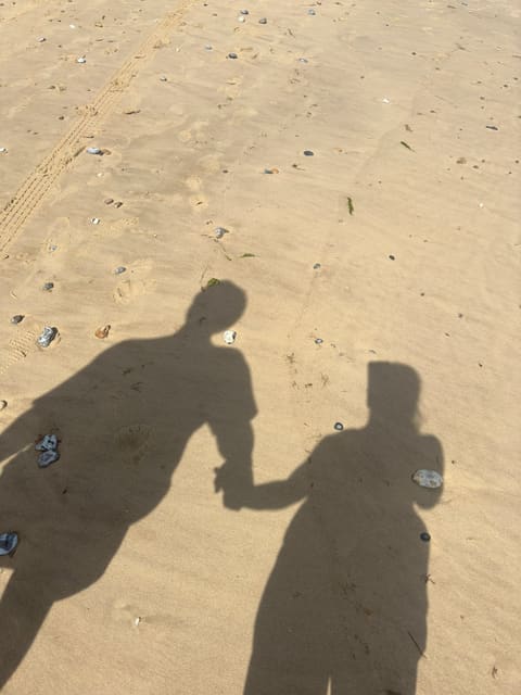 Their shadows on the sand, holding hands